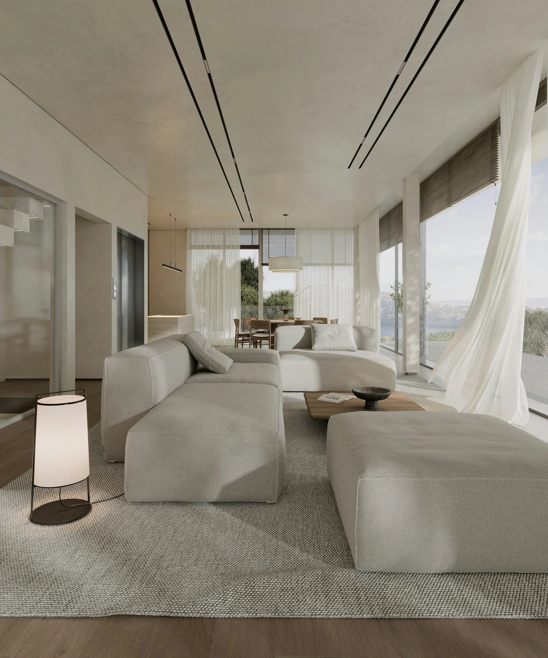 Illustrative neutral interior with large windows